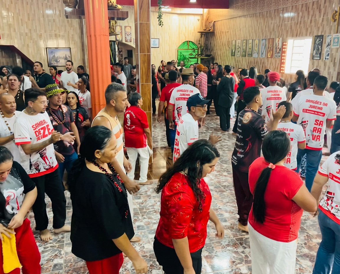 Comunidade reunida em celebração de Jurema, com participantes em vestes brancas e vermelhas